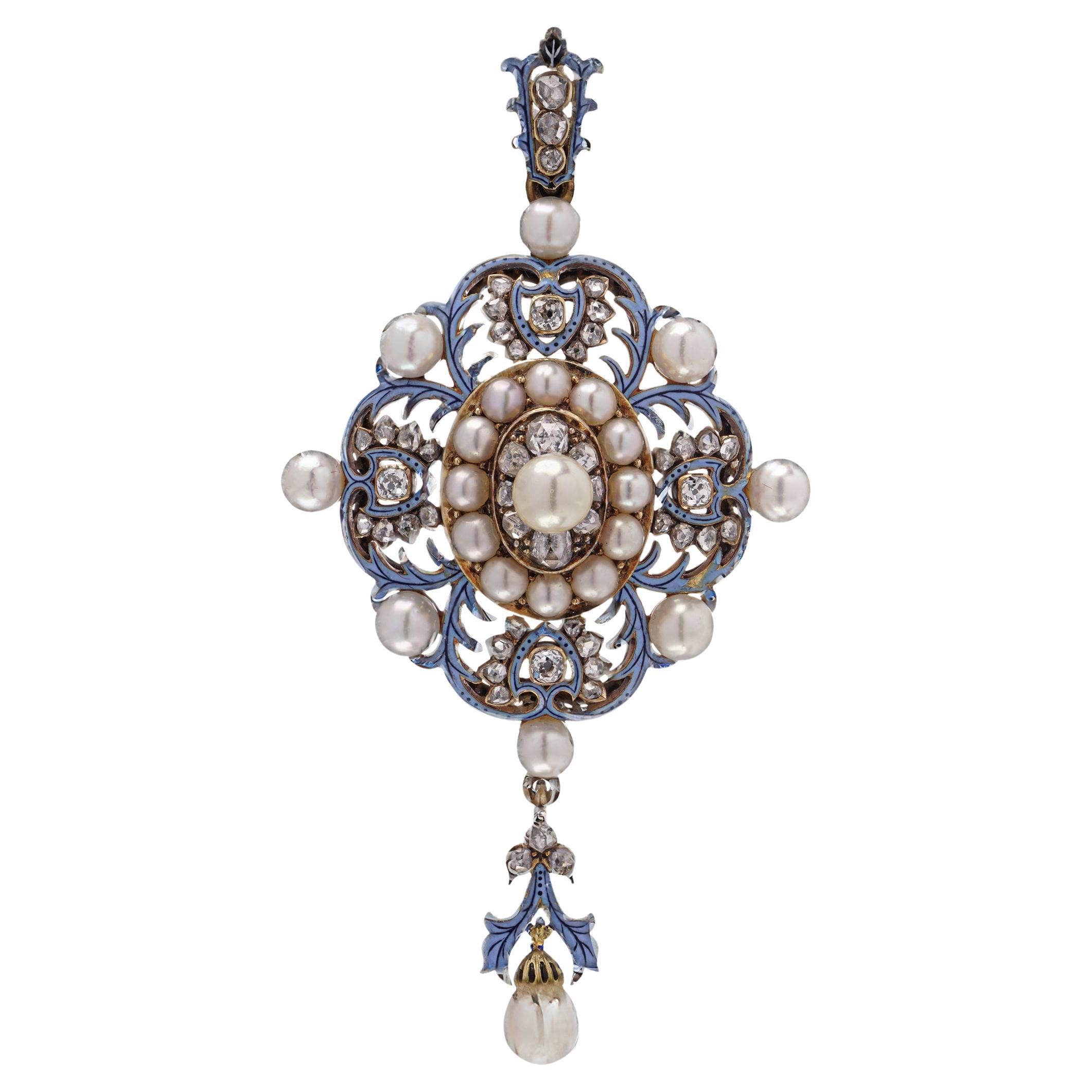 Renaissance Revival 18kt Gold, Enamel, Diamond and Pearl Pendant.