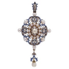 Renaissance Revival 18kt Gold, Enamel, Diamond and Pearl Pendant.