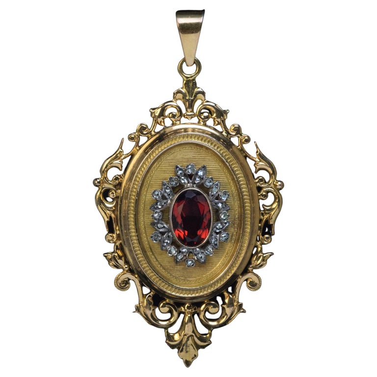 Pendentif Ancien Napoléon III - Médaillon Antique Français 19ème Siècle - Bleu - Métal Doré - Occasion