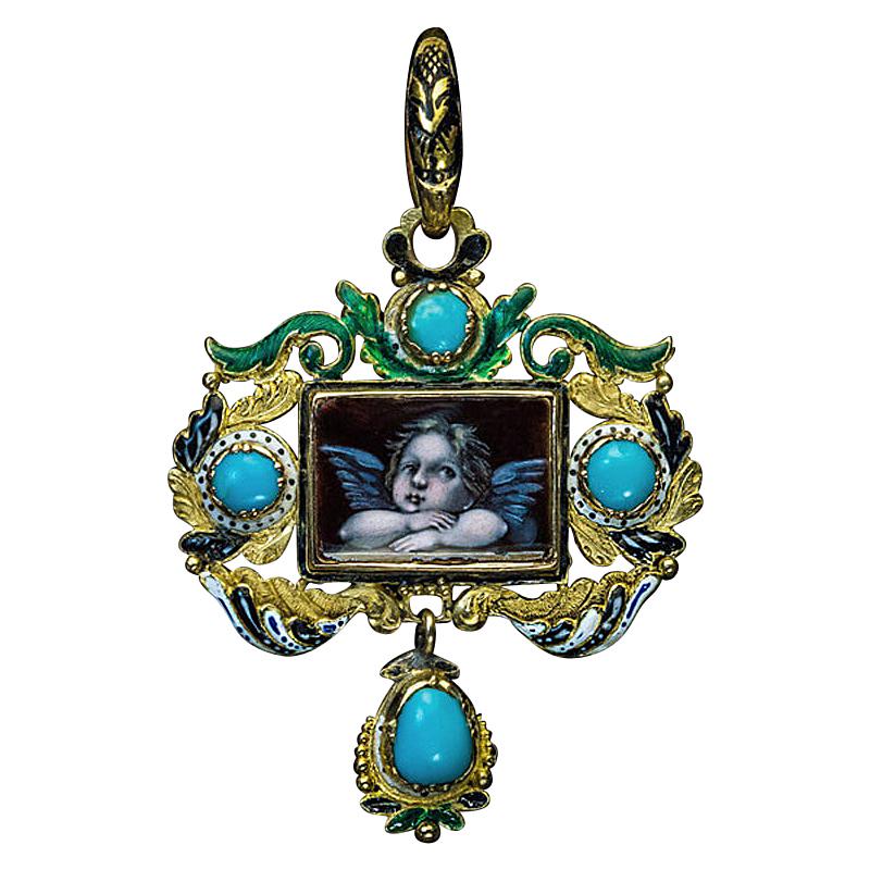 Renaissance Revival Antique Gold Enamel Turquoise Pendant