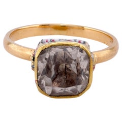 Renaissance Revival Antique Quartz 18K Yellow Gold Enamel Solitaire Ring
