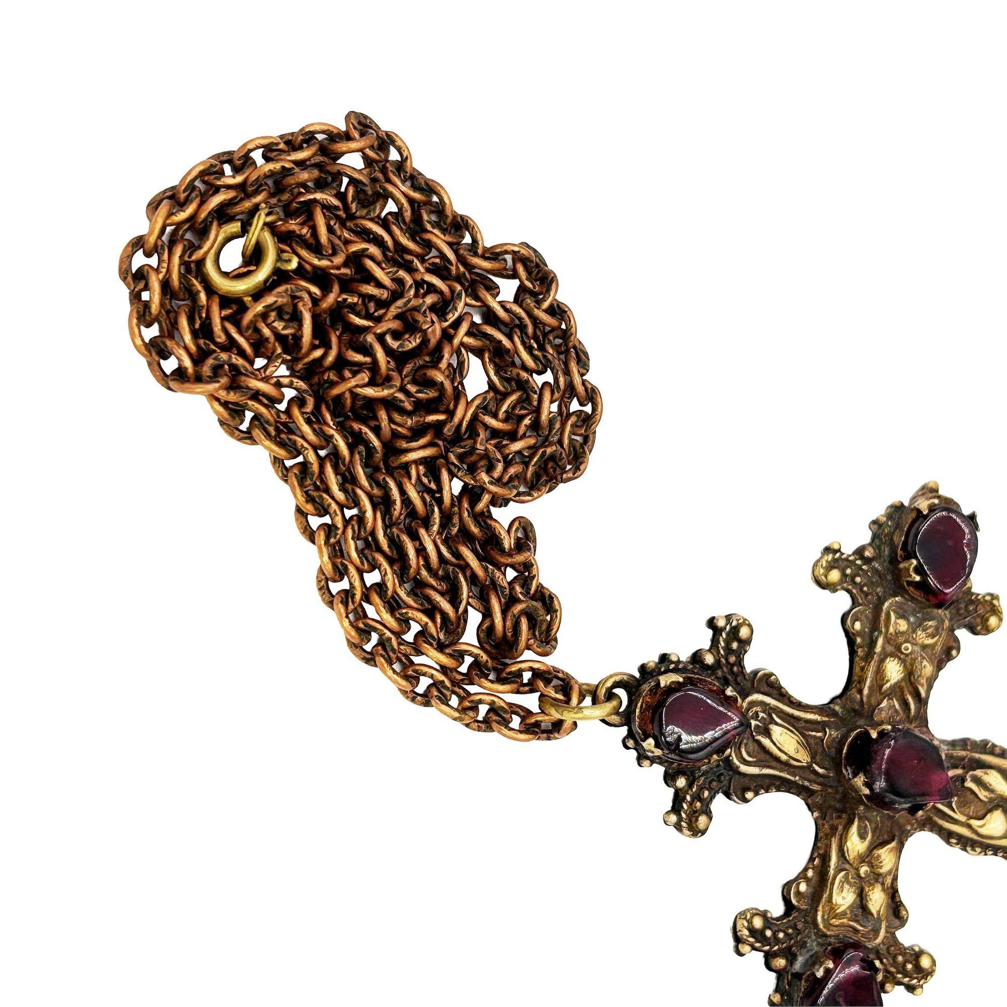 Late 20th Century Renaissance Revival Austro-Hungarian Gothic Cross Necklace with Garnets For Sale
