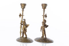 Renaissance Revival Bronze Allegorical Gladiator Figure Candlesticks