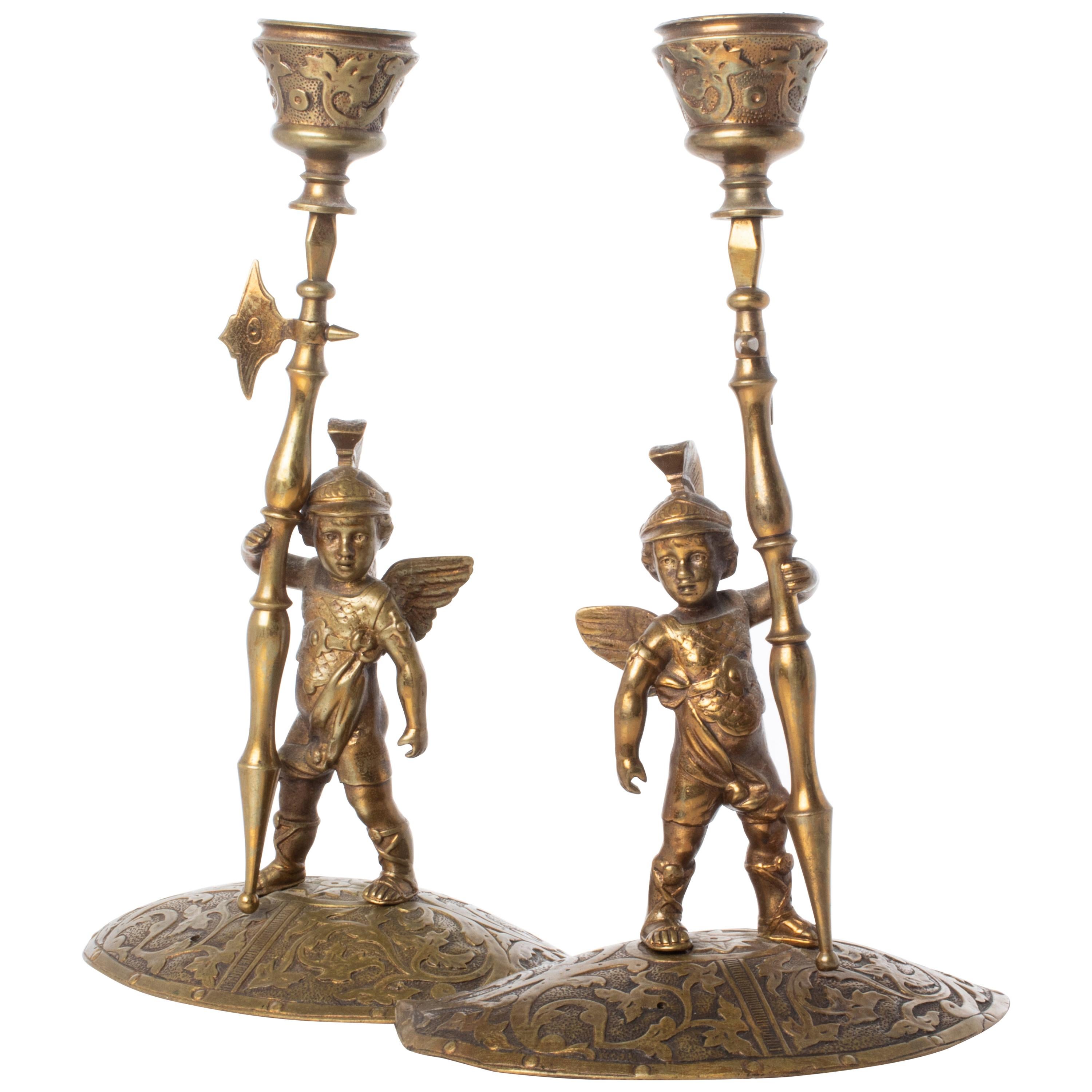 Renaissance Revival Bronze Allegorical Gladiator Figure Candlesticks