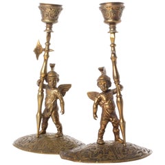 Antique Renaissance Revival Bronze Allegorical Gladiator Figure Candlesticks