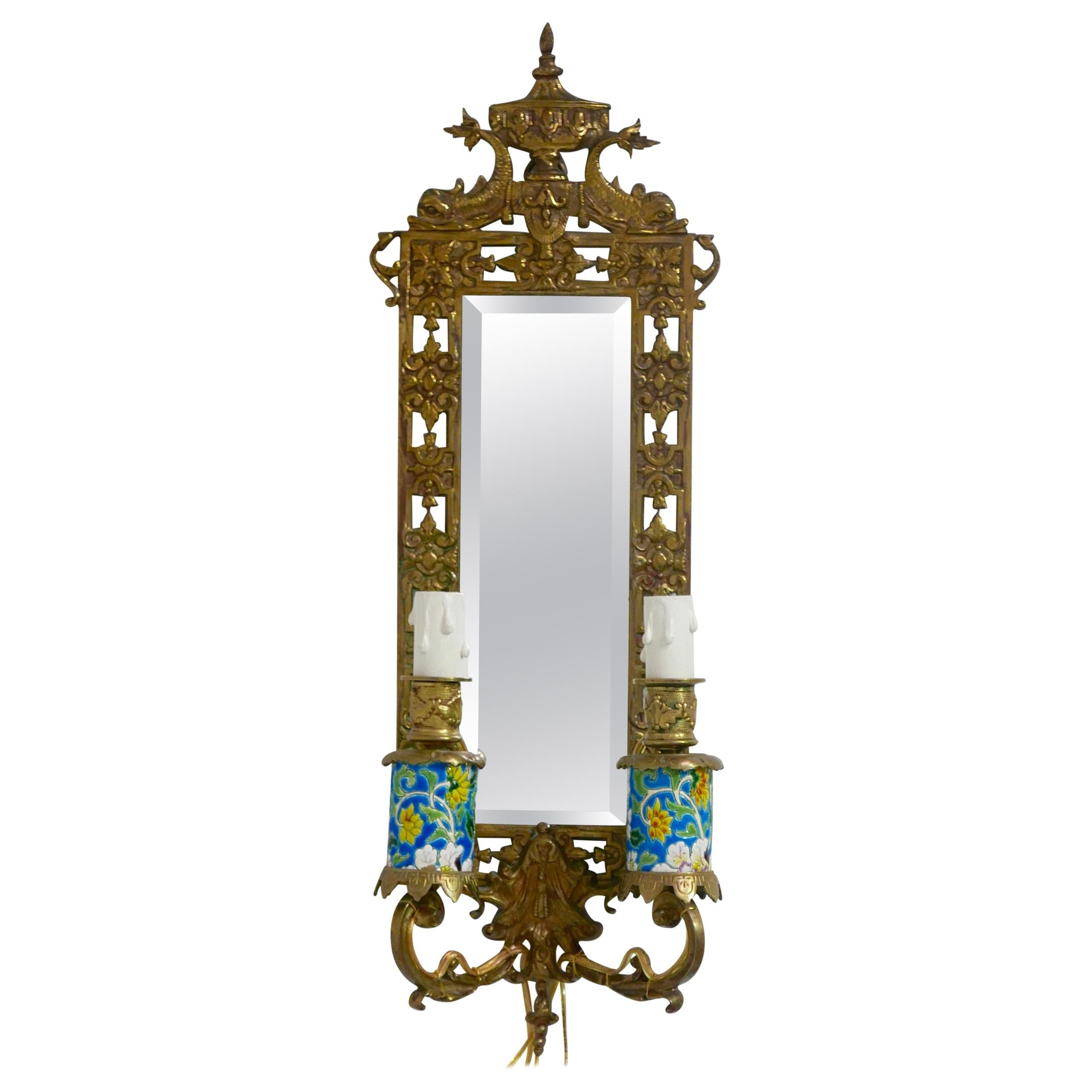 Renaissance Revival Bronze Sconce with Glazed Porcelain, French, 19th Century
