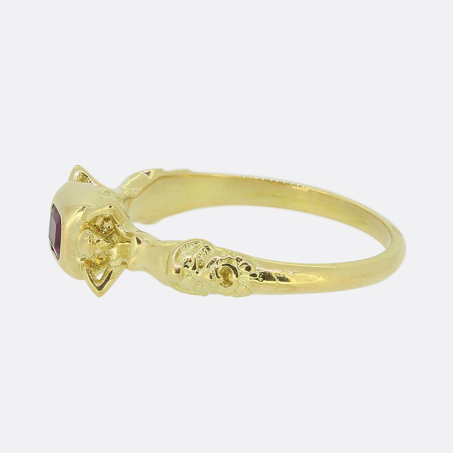 Here we have a marvellous single stone ruby ring excellently paying homage a style pioneered during the Renaissance period. This piece has been crafted from 18ct yellow gold with the head being bezel set with a single elongated cushion cut ruby.