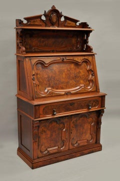 Renaissance Revival Carved Burl Walnut Secretary Writing Desk Slant Drop Front