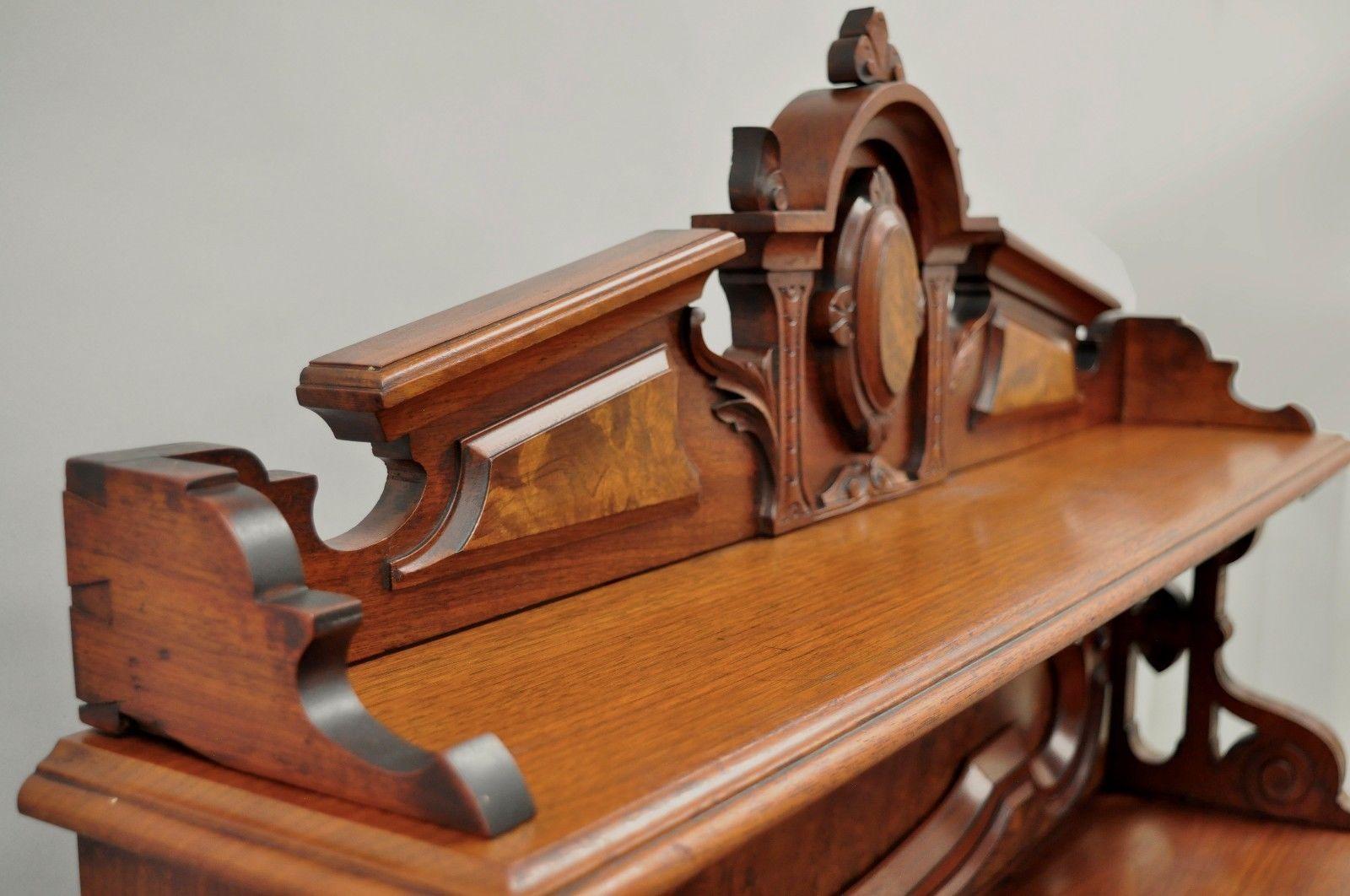 American Renaissance Revival Carved Burl Walnut Secretary Writing Desk Slant Drop Front