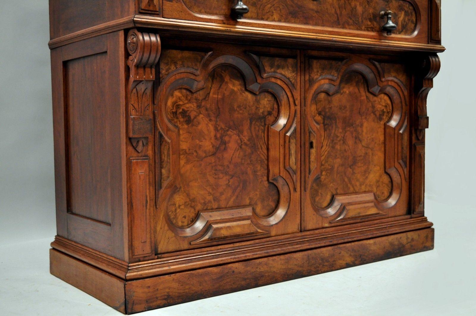 19th Century Renaissance Revival Carved Burl Walnut Secretary Writing Desk Slant Drop Front