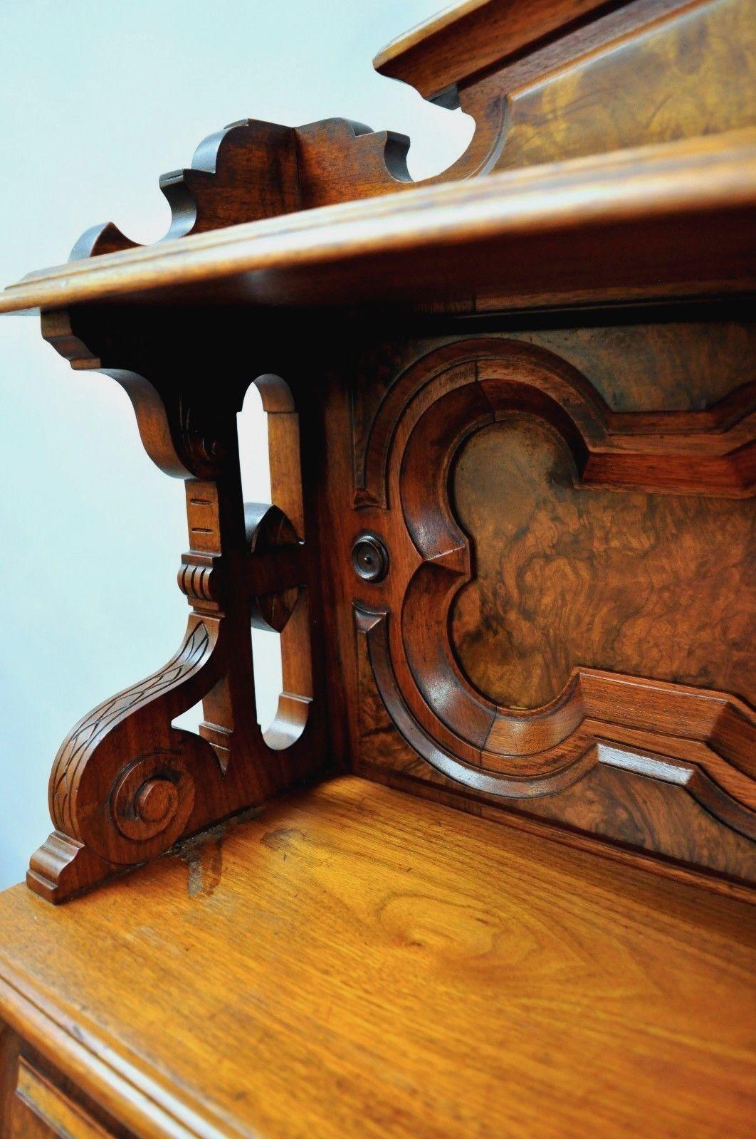 Renaissance Revival Carved Burl Walnut Secretary Writing Desk Slant Drop Front 3