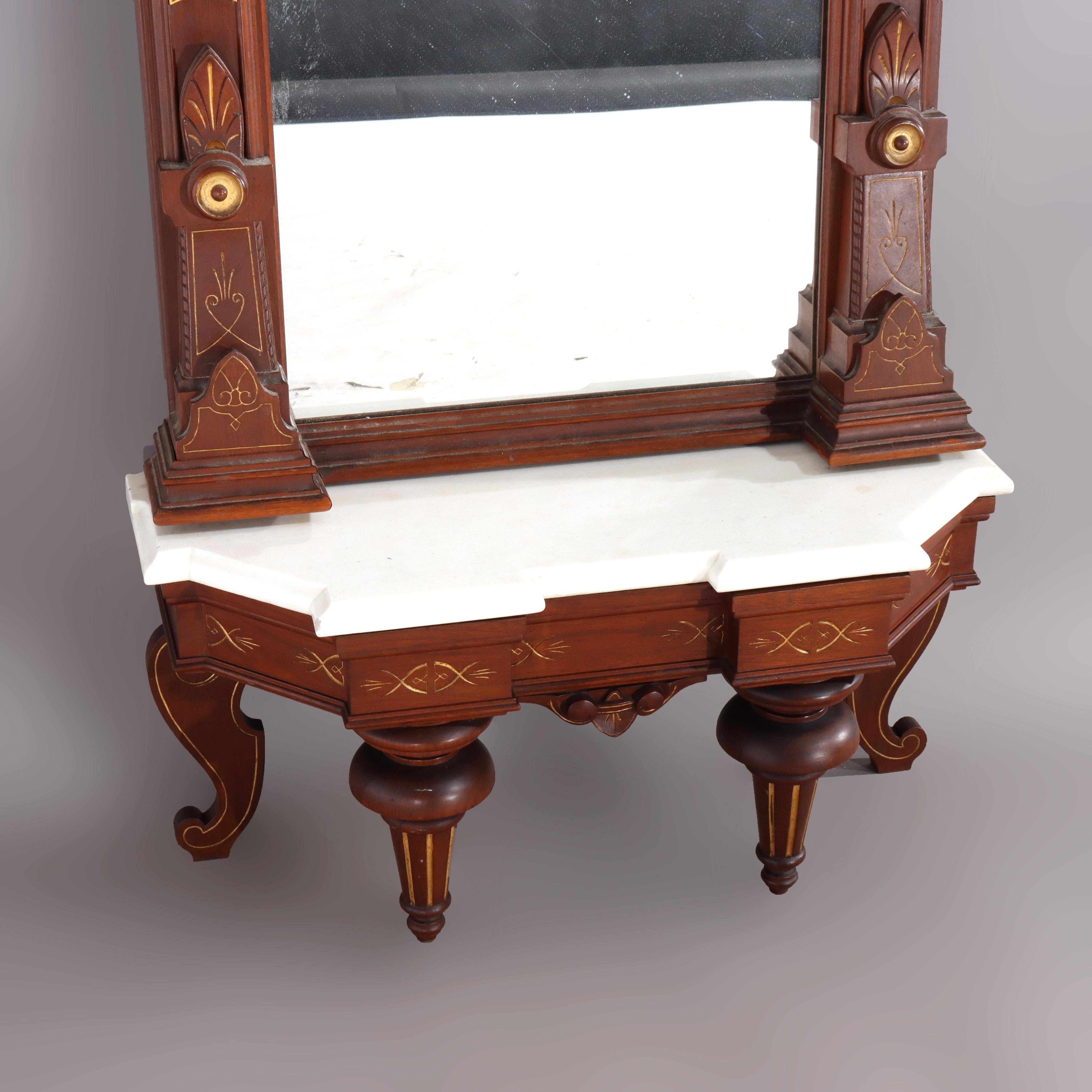 ***Reduced In-House Delivery Rates - Click on “Ask Seller” to Request a Quote***
Antique Renaissance Revival Carved Walnut & Burl Pier Mirror With Marble Top Base & Gilt Highlights C1880.
Measures - 91 1/2
