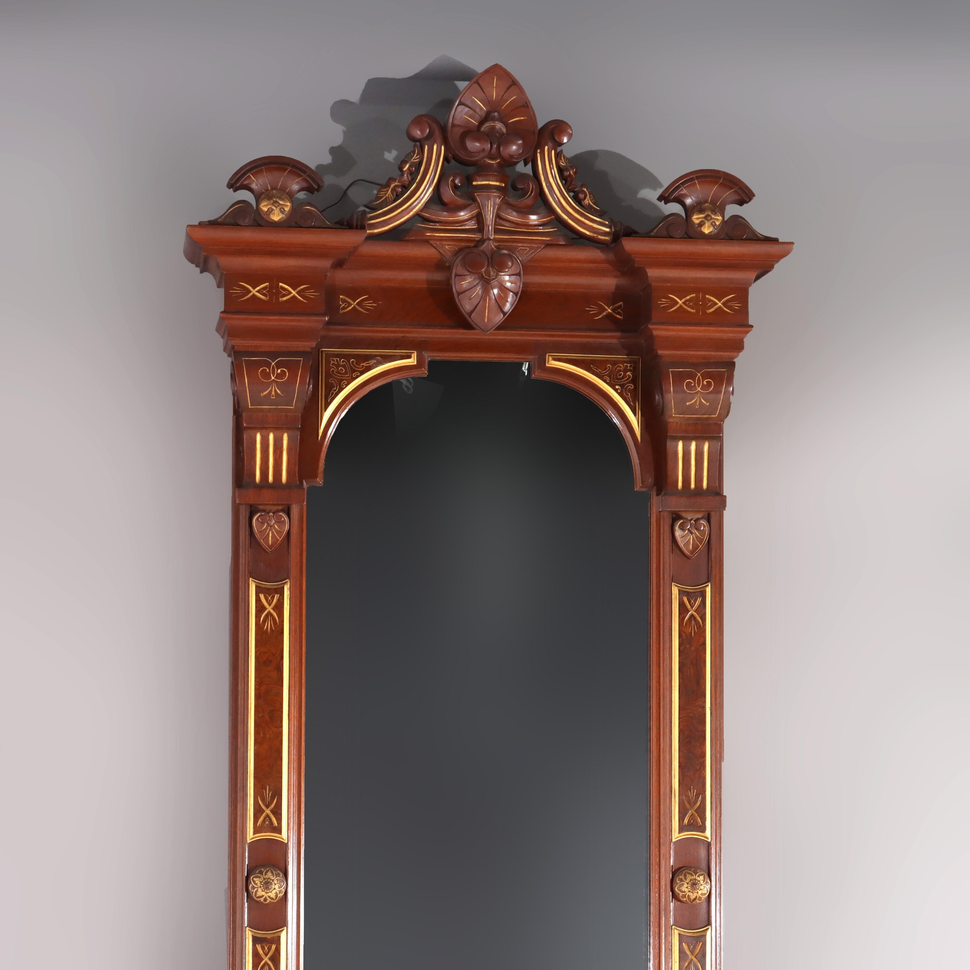 19th Century Renaissance Revival Carved & Gilt Decorated Walnut, Burl & Marble Pier Mirror For Sale