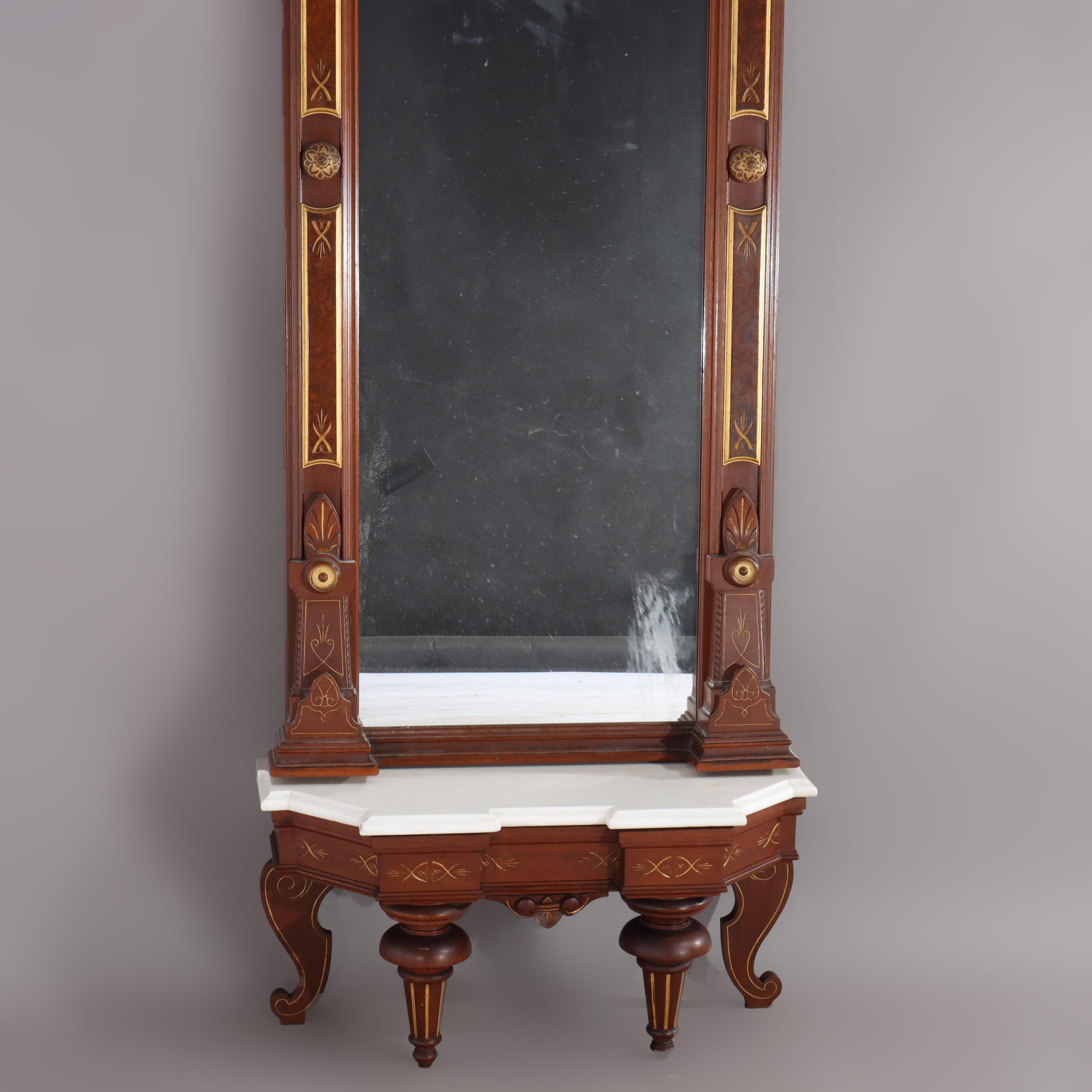 Renaissance Revival Carved & Gilt Decorated Walnut, Burl & Marble Pier Mirror For Sale 1