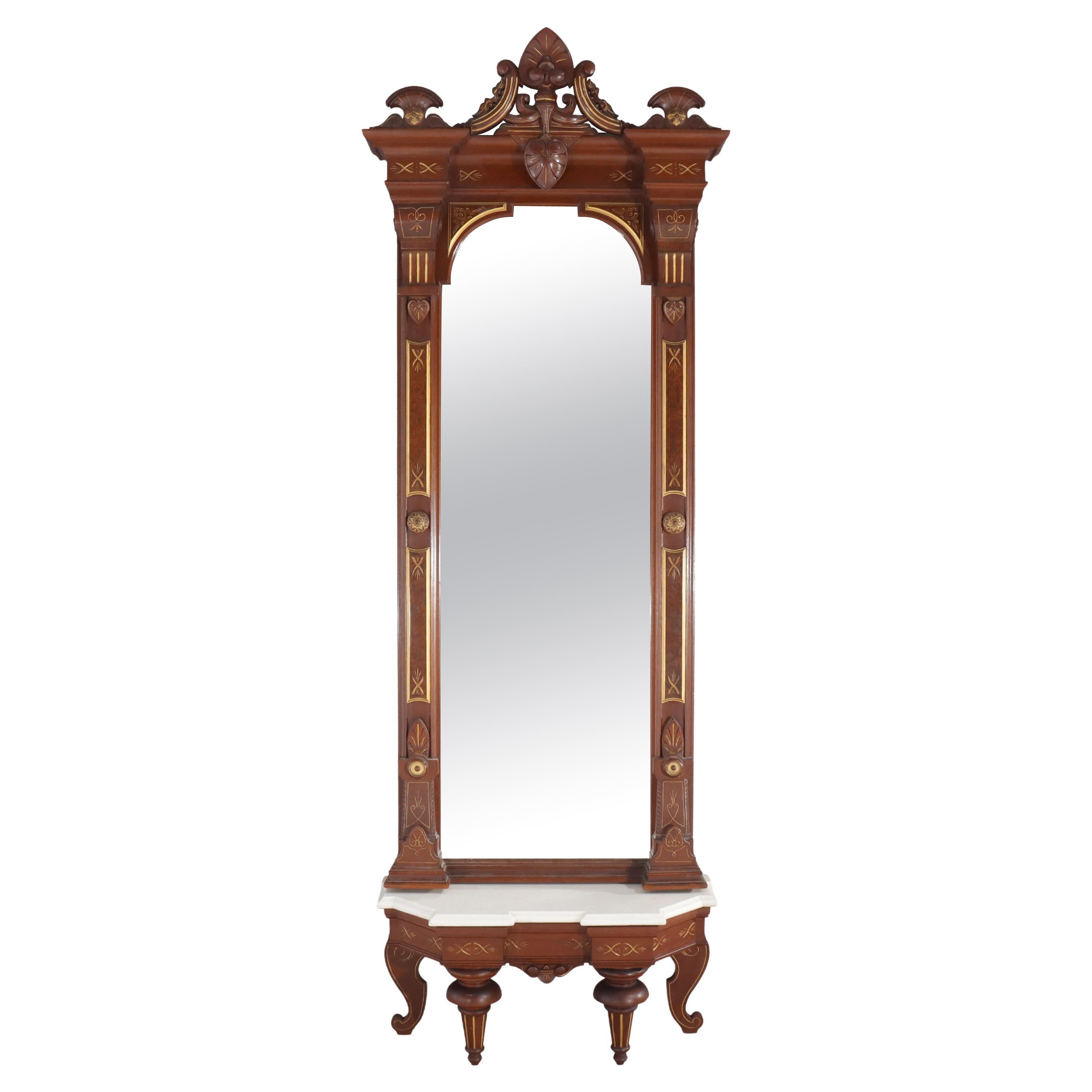 Renaissance Revival Carved & Gilt Decorated Walnut, Burl & Marble Pier Mirror For Sale