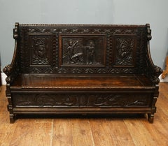 Renaissance Revival Carved Oak Hall Settle Monks Bench 1800