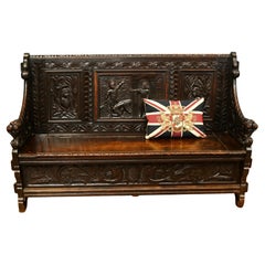 Renaissance Revival Carved Oak Hall Settle Monks Bench 1800