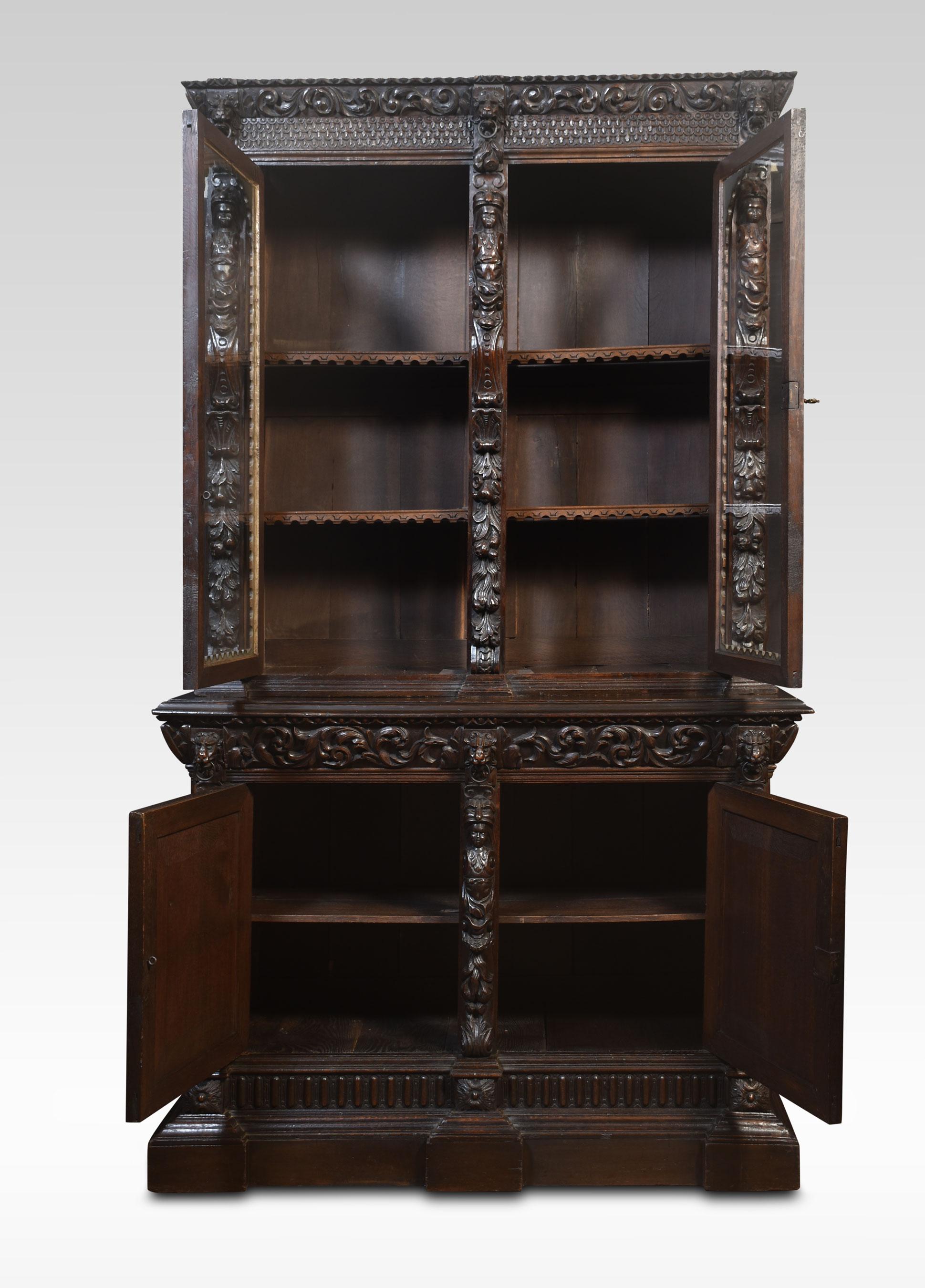 Renaissance Revival Carved Oak Two Door Bookcase In Good Condition For Sale In Cheshire, GB