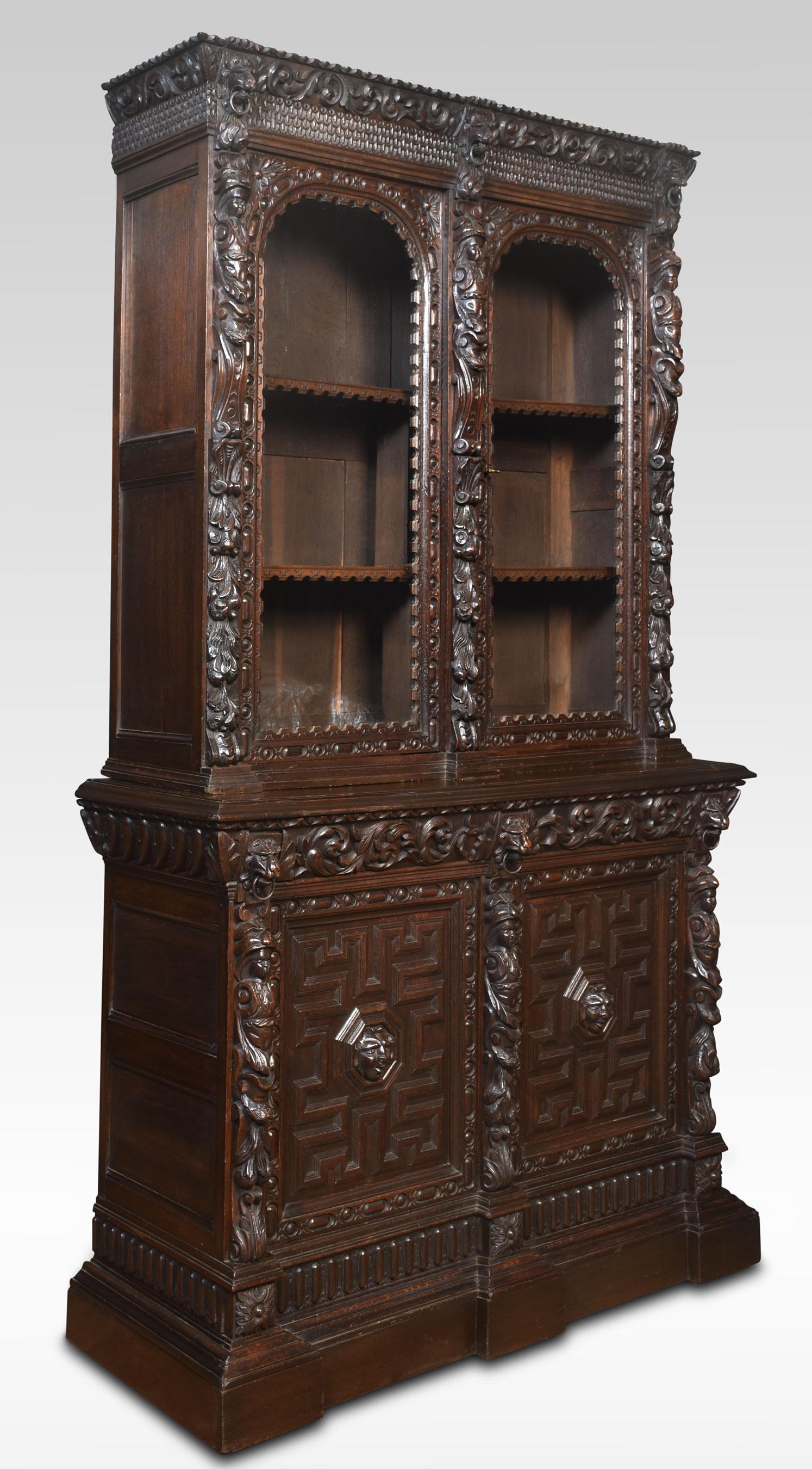 19th Century Renaissance Revival Carved Oak Two Door Bookcase For Sale