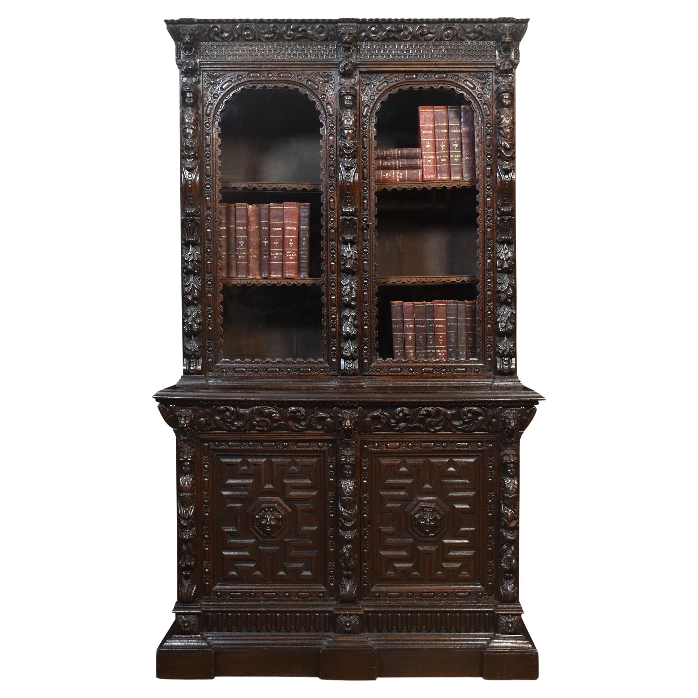 Renaissance Revival Carved Oak Two Door Bookcase For Sale