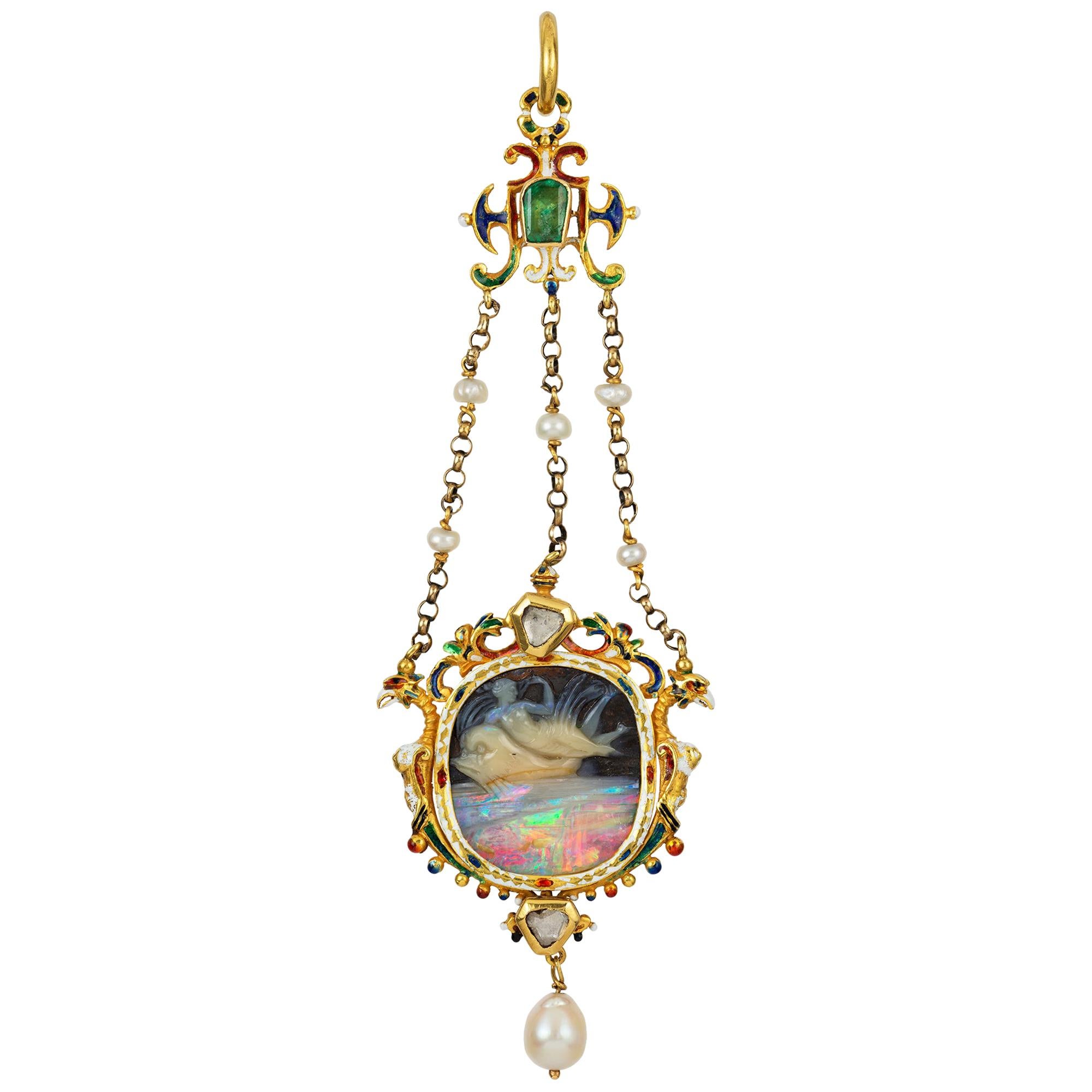 Renaissance Revival Carved Opal Cameo Pendant