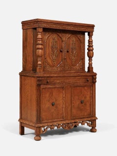 Renaissance Revival Carved Tiger Oak Cabinet w/ Walnut Burl Panels