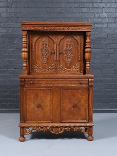 Renaissance Revival Carved Tiger Oak Cabinet w/ Walnut Burl Panels