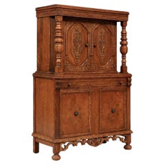 Renaissance Revival Carved Tiger Oak Cabinet w/ Walnut Burl Panels