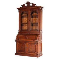 Renaissance Revival Carved Walnut & Burl Barrel Roll Top Secretary c1890