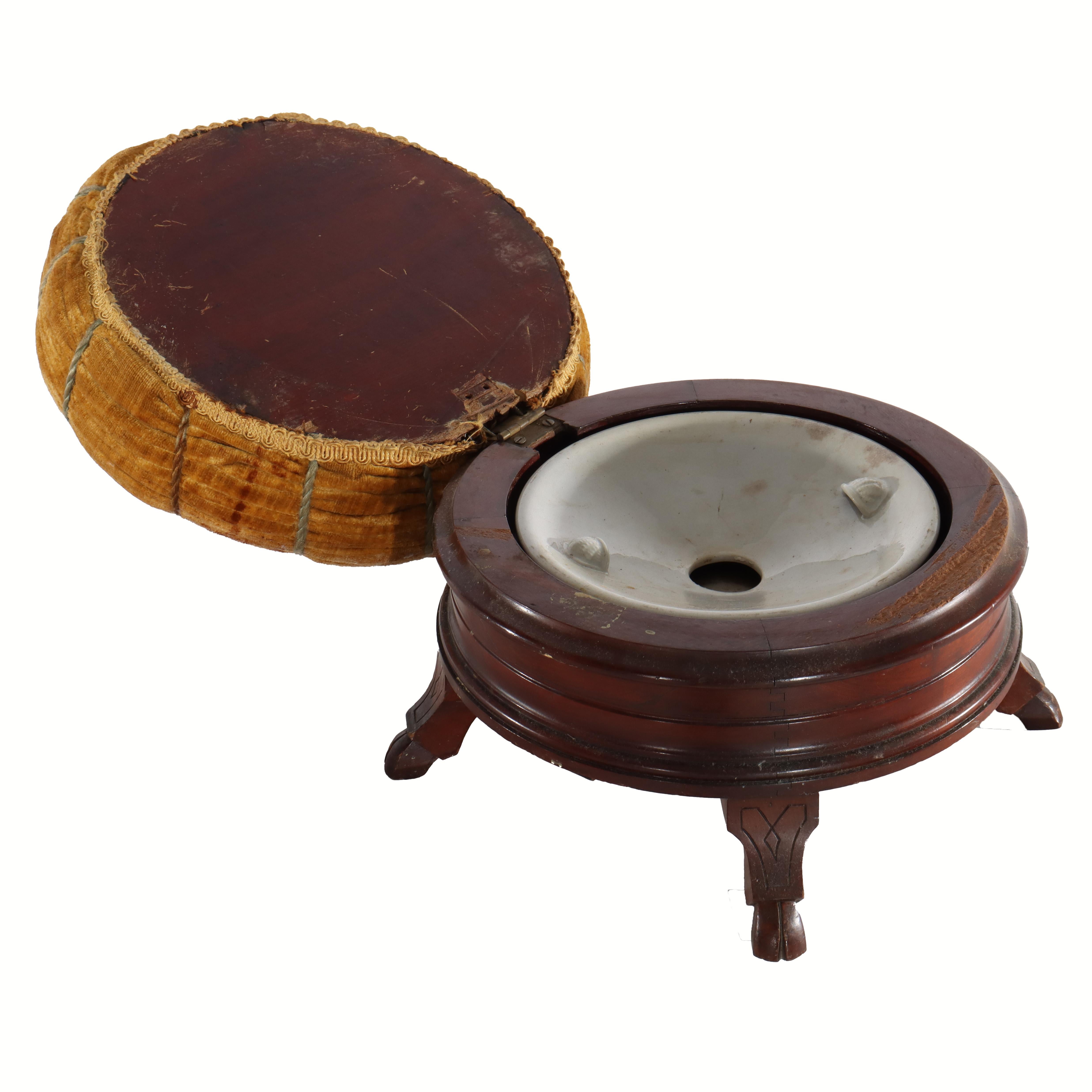 Renaissance Revival Carved Walnut Pillow Top Spittoon with Pottery Insert & Hoof Feet C1890.   
9 1/2