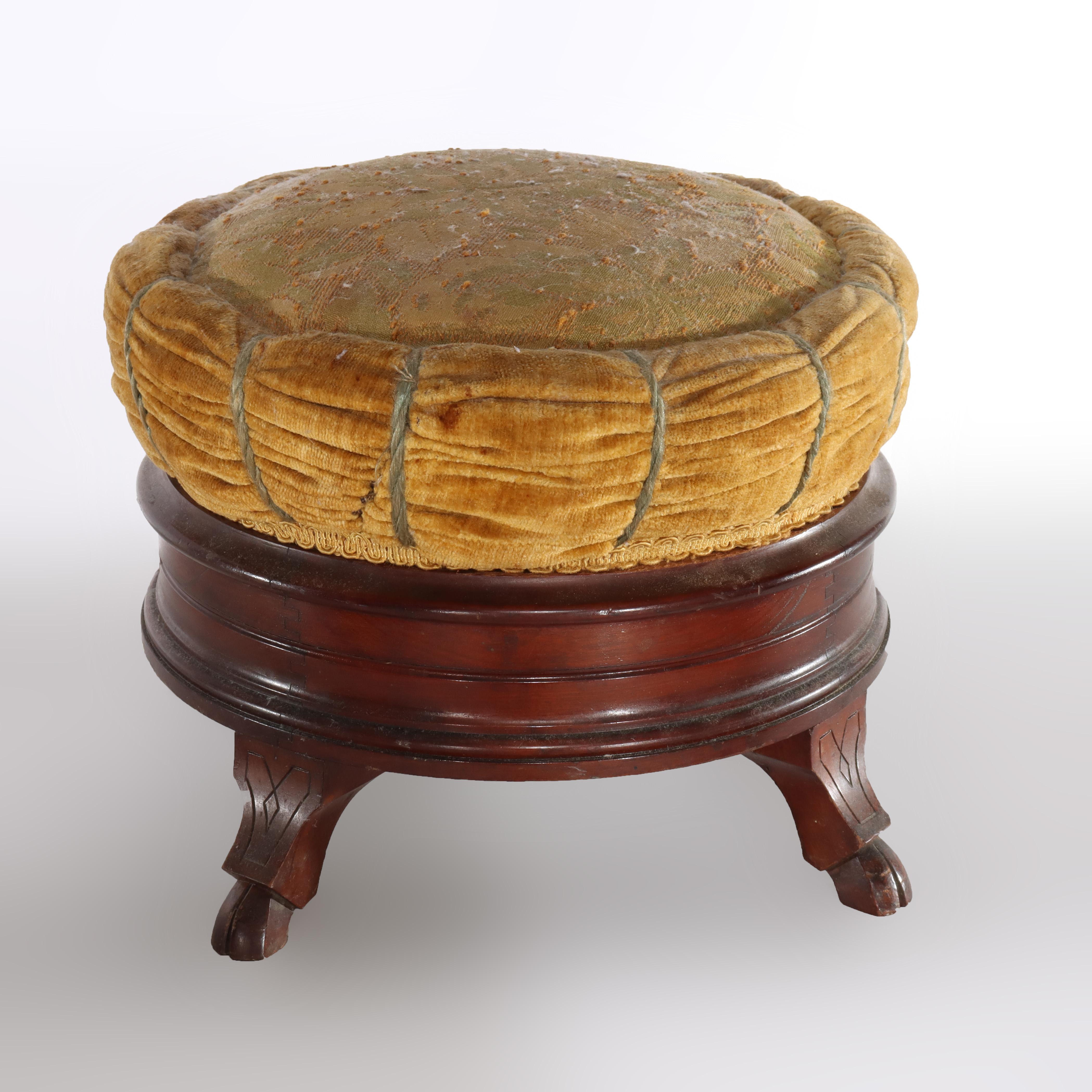 19th Century Renaissance Revival Carved Walnut Pillow Top Spittoon with Pottery Insert c1890 For Sale