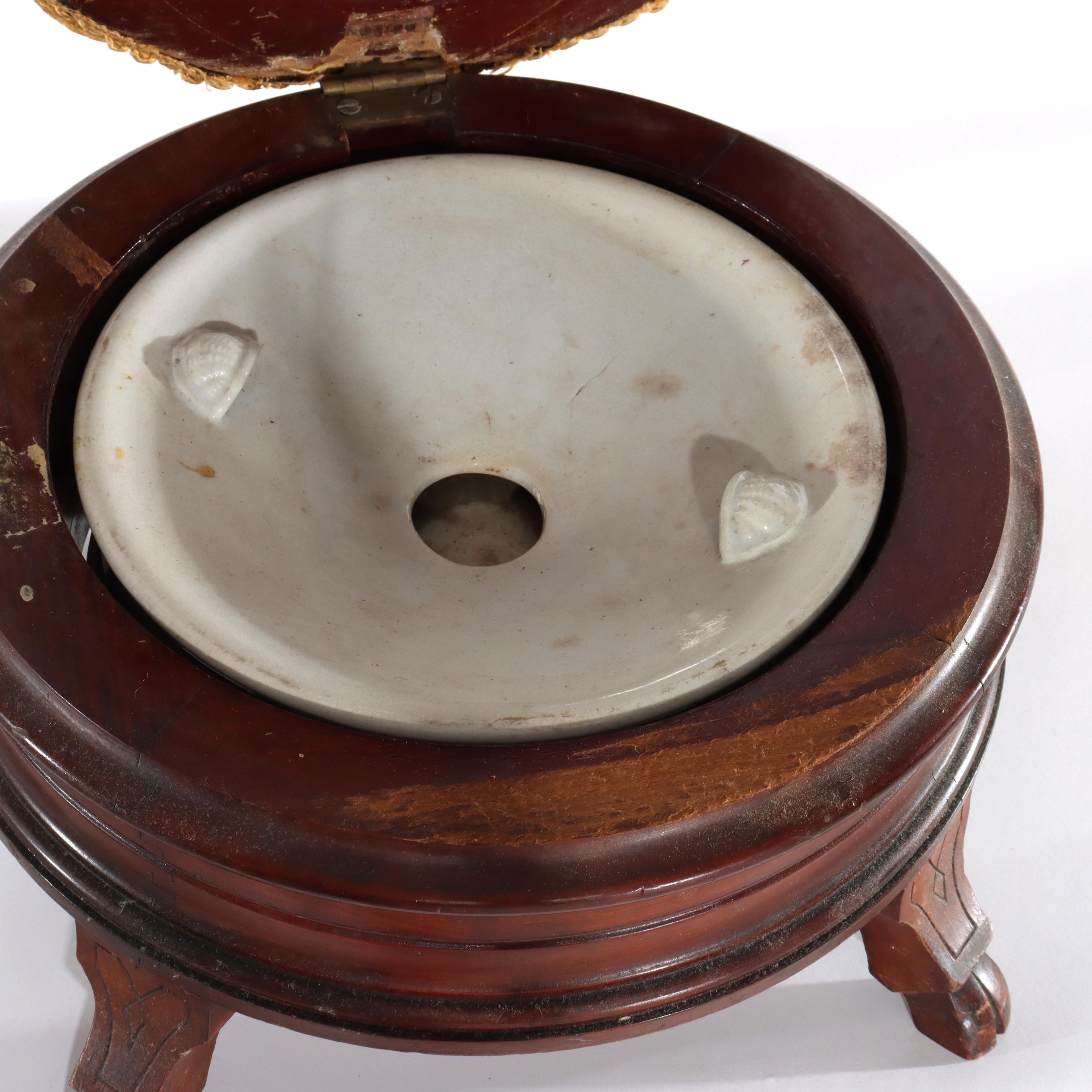 Renaissance Revival Carved Walnut Pillow Top Spittoon with Pottery Insert c1890 For Sale 4