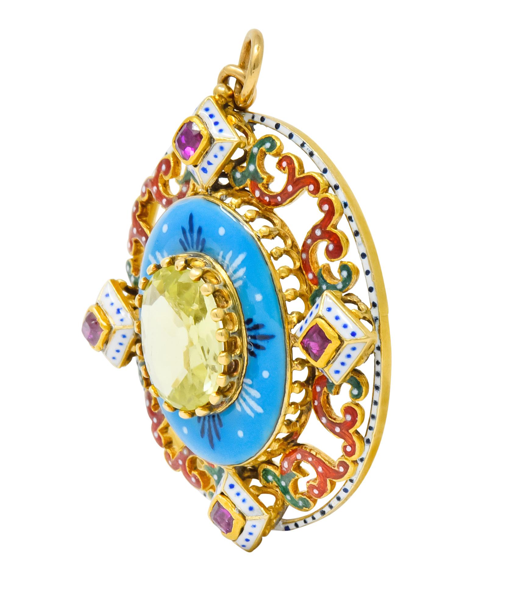 Centering an oval cut chrysoberyl measuring approximately 10.5 x 8 mm, transparent and a light yellowish-green color

Surrounded by four cushion cut rubies, at each cardinal point, transparent and a saturated violetish-red in color

All set in a