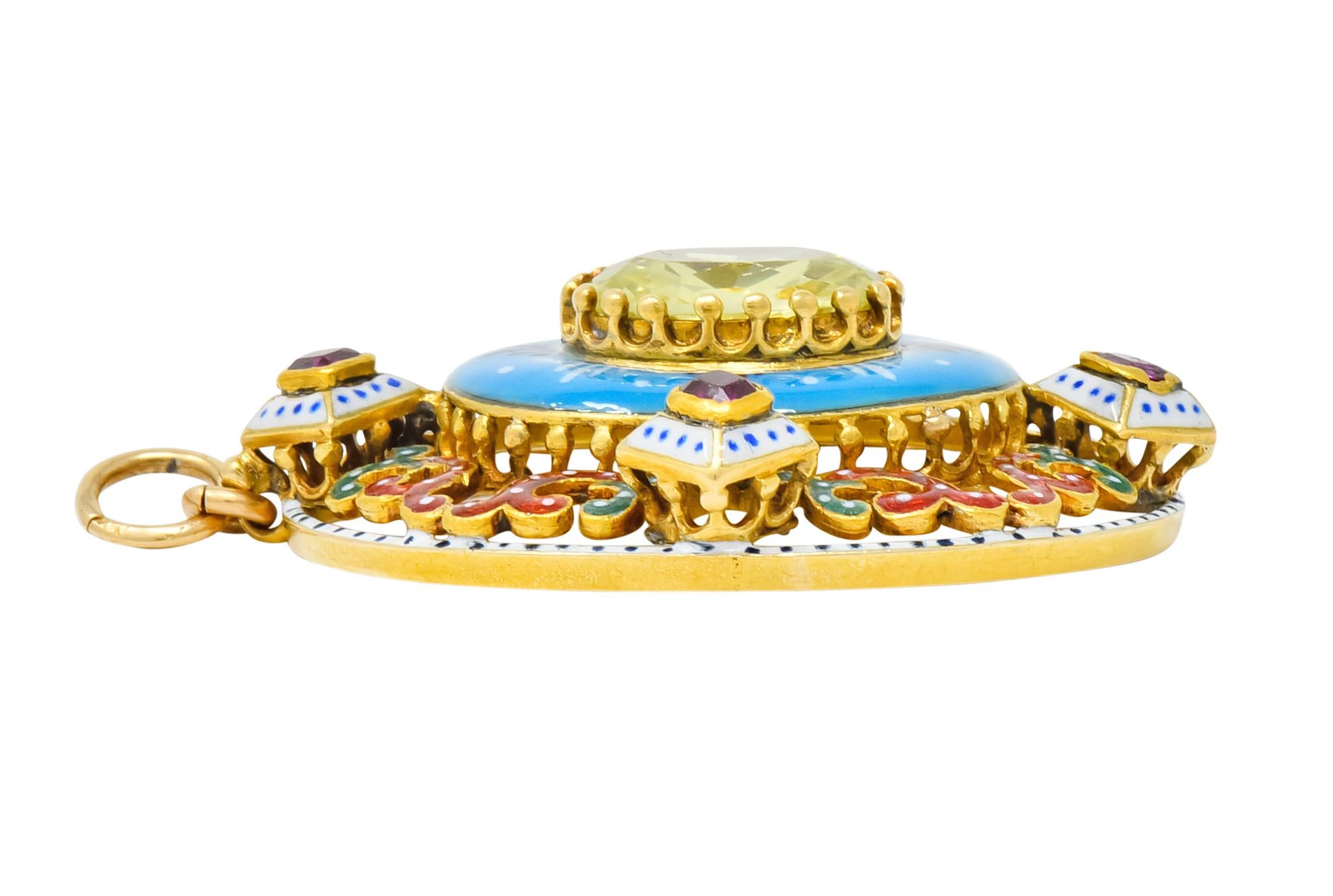 Women's or Men's Renaissance Revival Chrysoberyl Ruby Enamel 14 Karat Gold Pendant