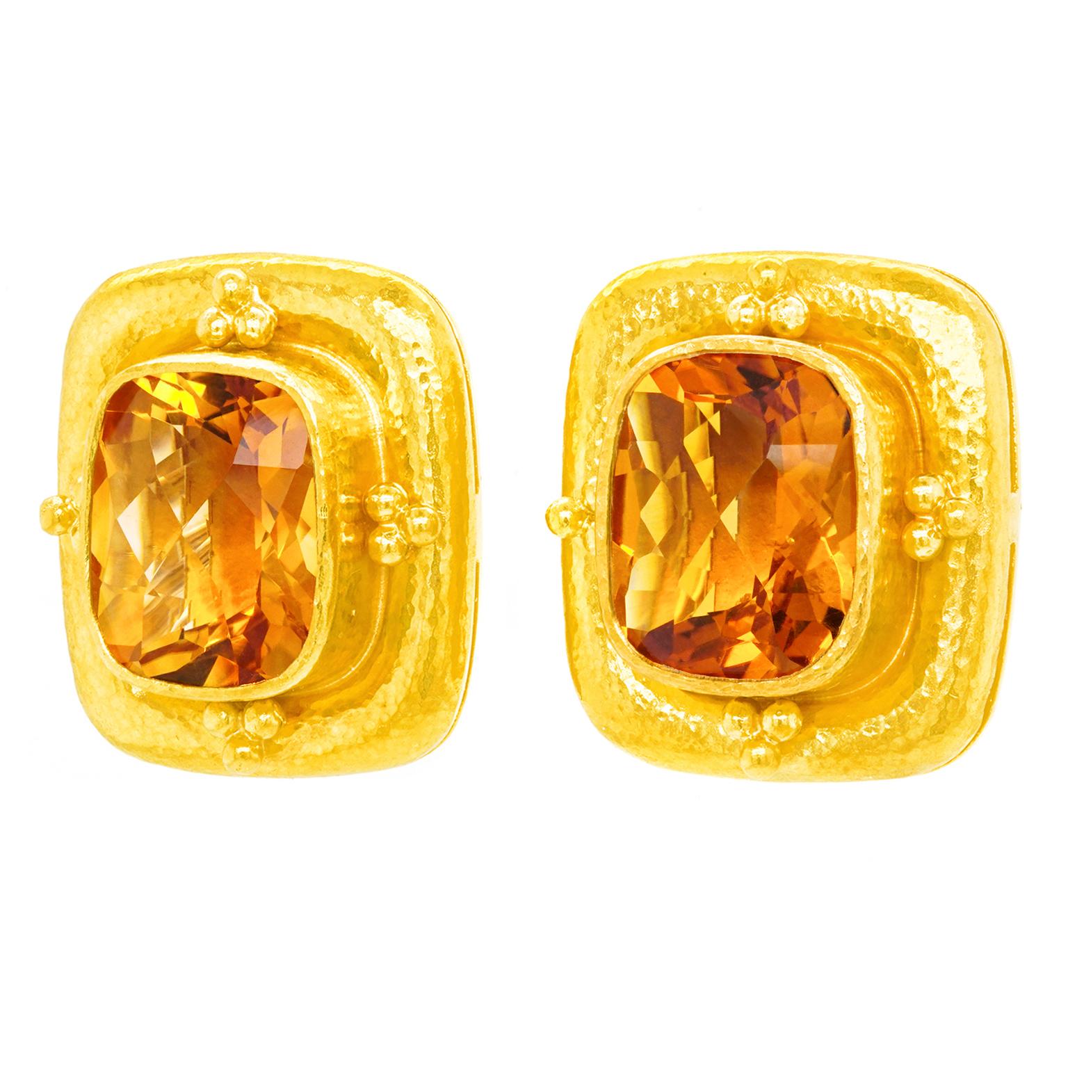 Circa 2000, 18k, by Elizabeth Locke, American.  Known for her Medieval and Renaissance revival motifs, Elizabeth Locke's jewelry is superbly made and timelessly stylish. These gorgeous earrings feature nine carats of rich citrine. The look is