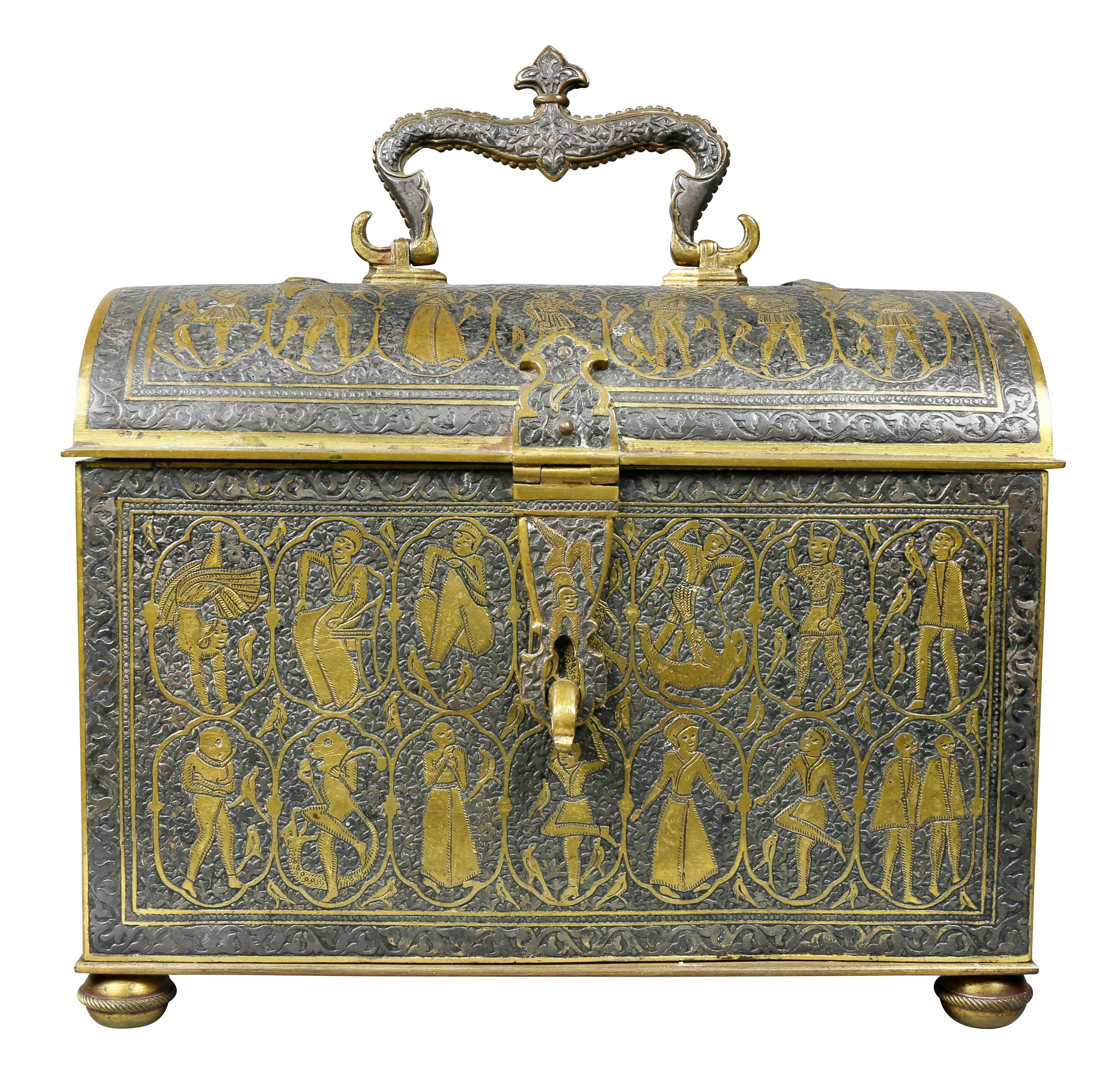 With a domed hinged lid and bail handle over a conforming case decorated overall with figures in Renaissance dress. Bun feet. Provenance; David and Peggy Rockefeller estate.