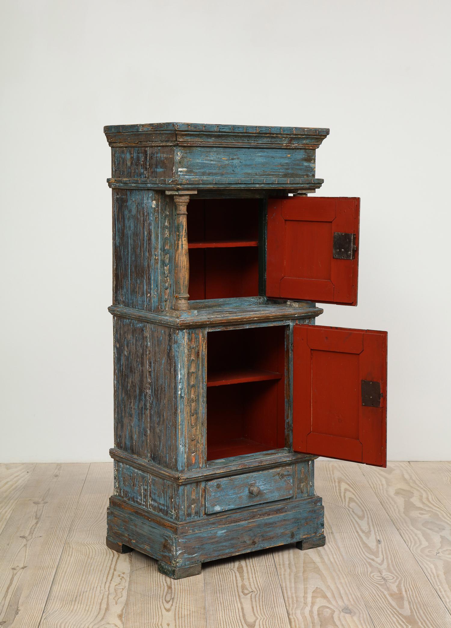 Hand-Carved Renaissance-Revival Danish Cabinet in Blue Paint with Red Interior, ca. 1750