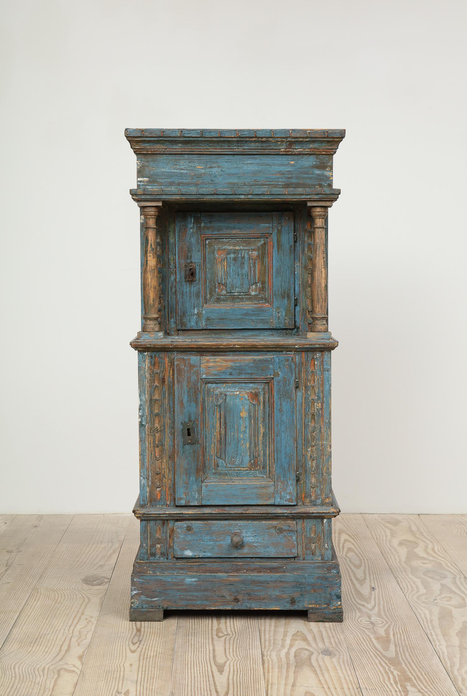 18th Century and Earlier Renaissance-Revival Danish Cabinet in Blue Paint with Red Interior, ca. 1750