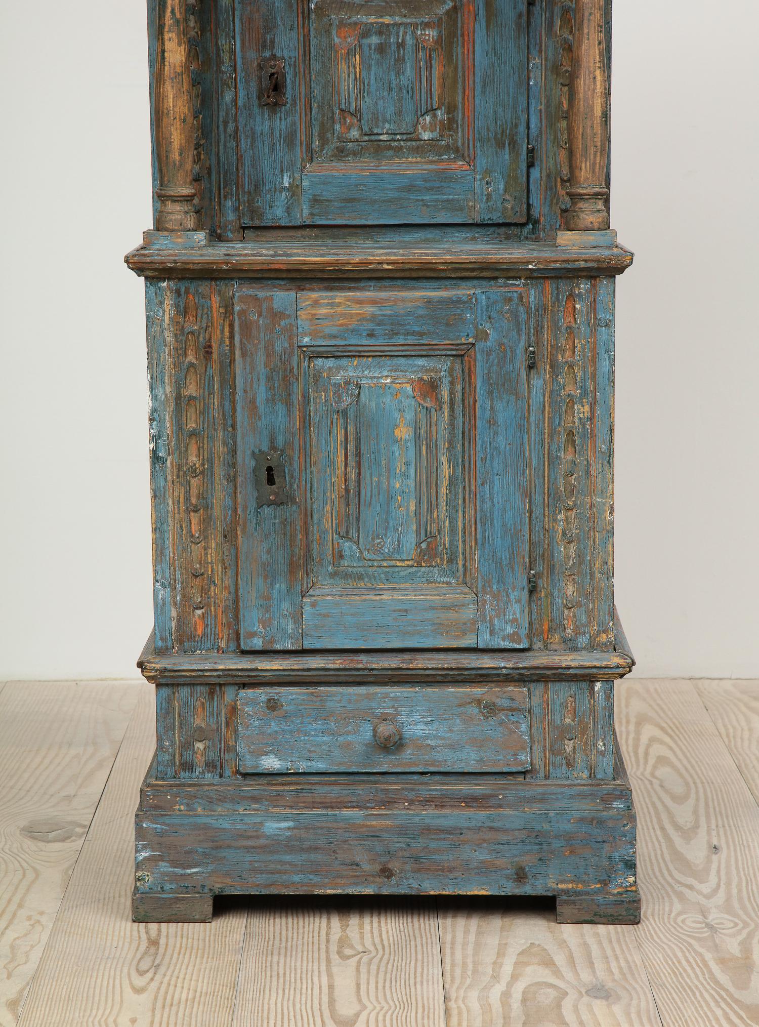 Wood Renaissance-Revival Danish Cabinet in Blue Paint with Red Interior, ca. 1750