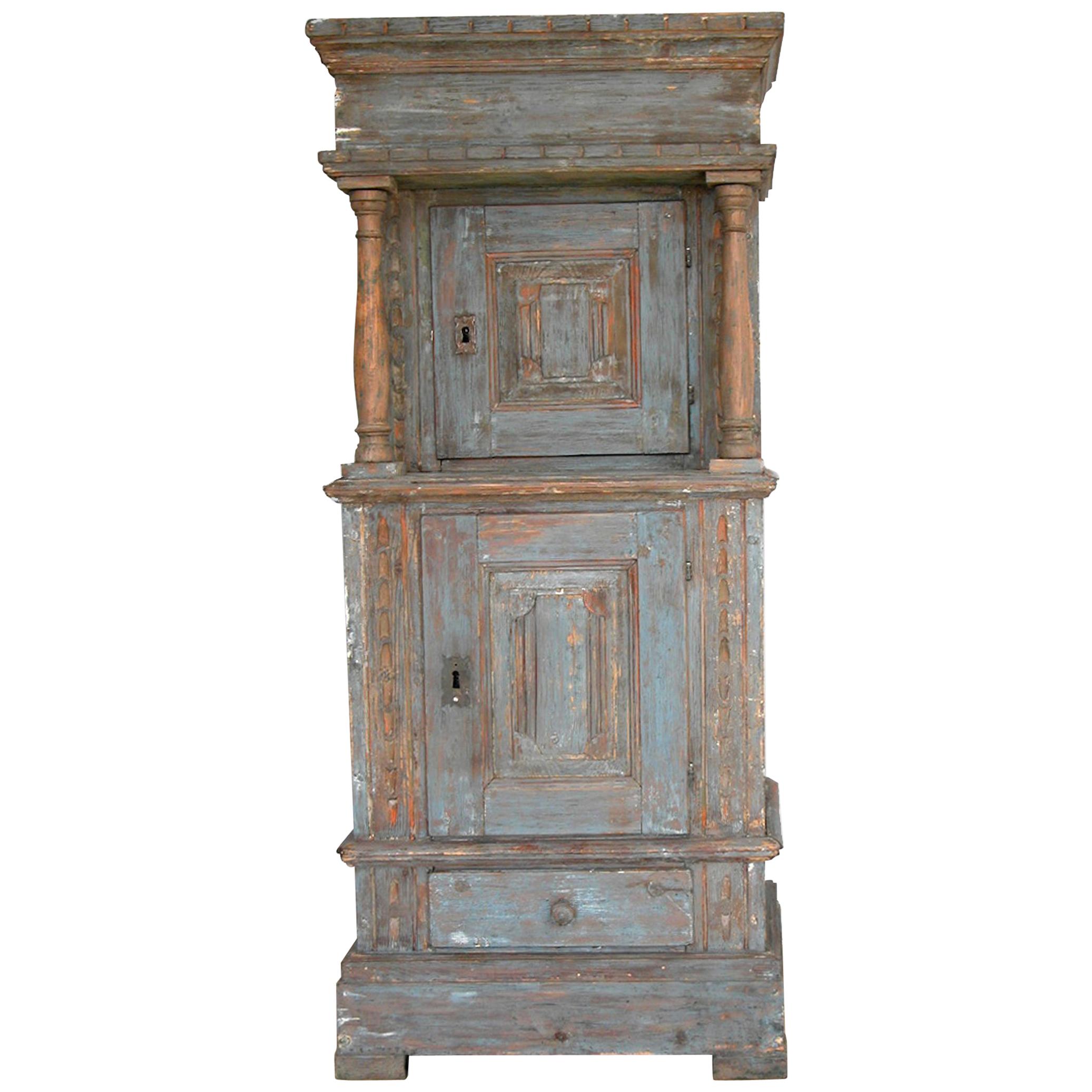 Renaissance-Revival Danish Cabinet in Blue Paint with Red Interior, ca. 1750