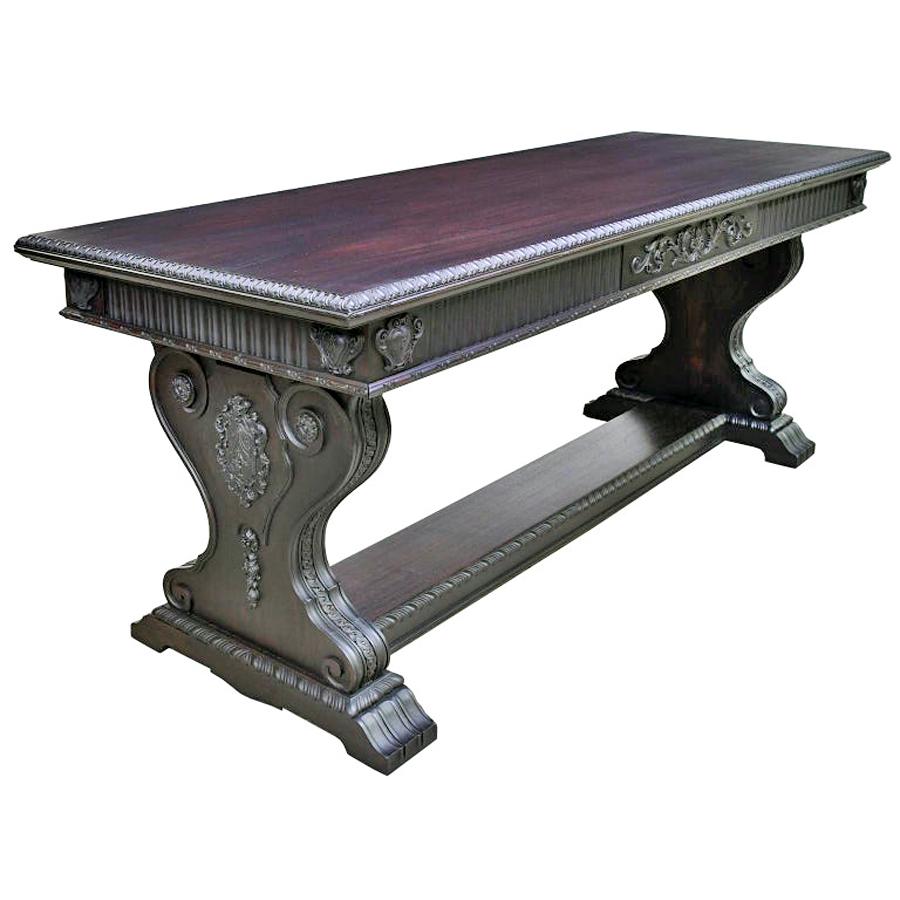Renaissance Revival Renaissance-Revival Desk in Black Umber with Trestle Base, Grand Rapids For Sale