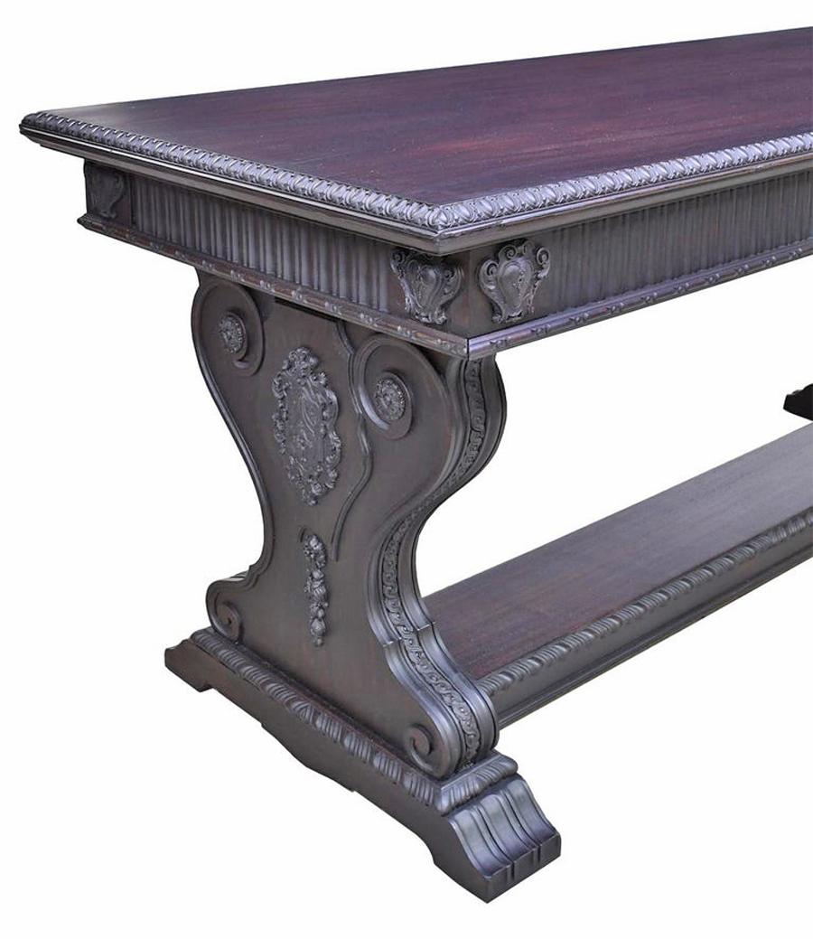 Appliqué Renaissance-Revival Desk in Black Umber with Trestle Base, Grand Rapids For Sale