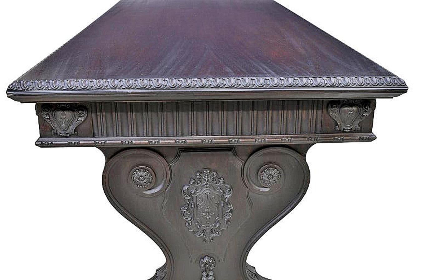 Mahogany Renaissance-Revival Desk in Black Umber with Trestle Base, Grand Rapids For Sale