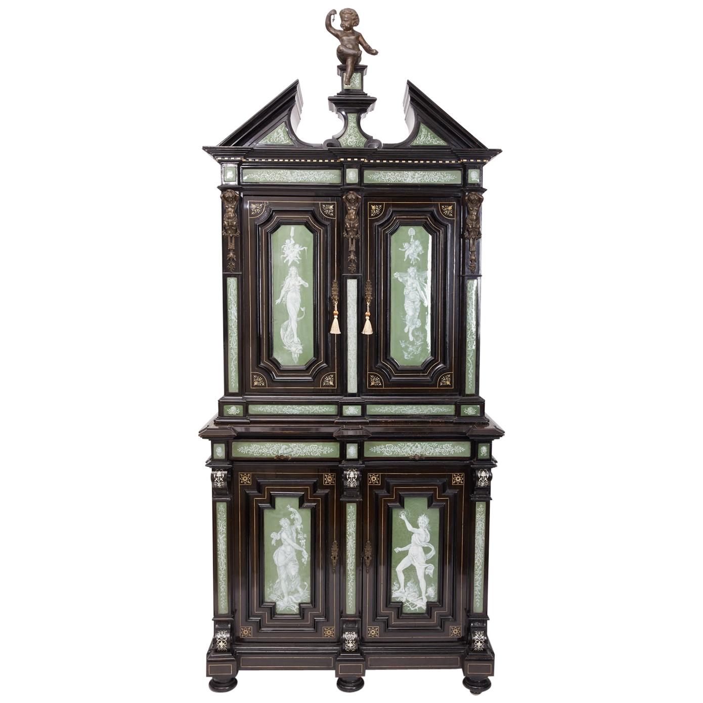 Renaissance Revival Ebonized Cabinet with Exquisite Enameled Copper