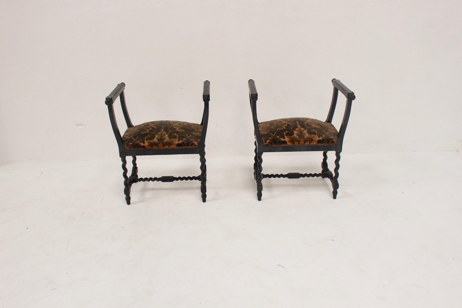 Renaissance Revival ebonised wood stools, Spain, 1930s

- Handcrafted wood, with the typical renaissance spyral legs
- Original Upholstery
- Upholstered rails from bottom has been replaced(pictured). 
- Both has been treated agains wood worm,