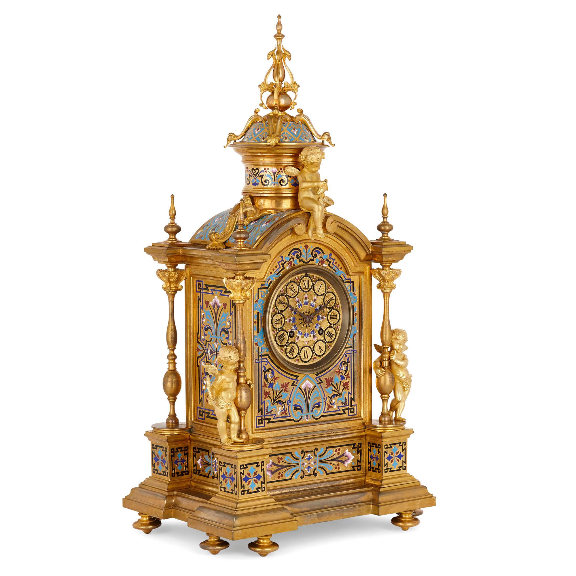 Renaissance Revival enamel and gilt bronze mantel clock
French, late 19th century
Size: Height 53cm, width 29cm, depth 22cm

The mantel clock is crafted in the charming Renaissance Revival style that flourished in the latter 19th century. The