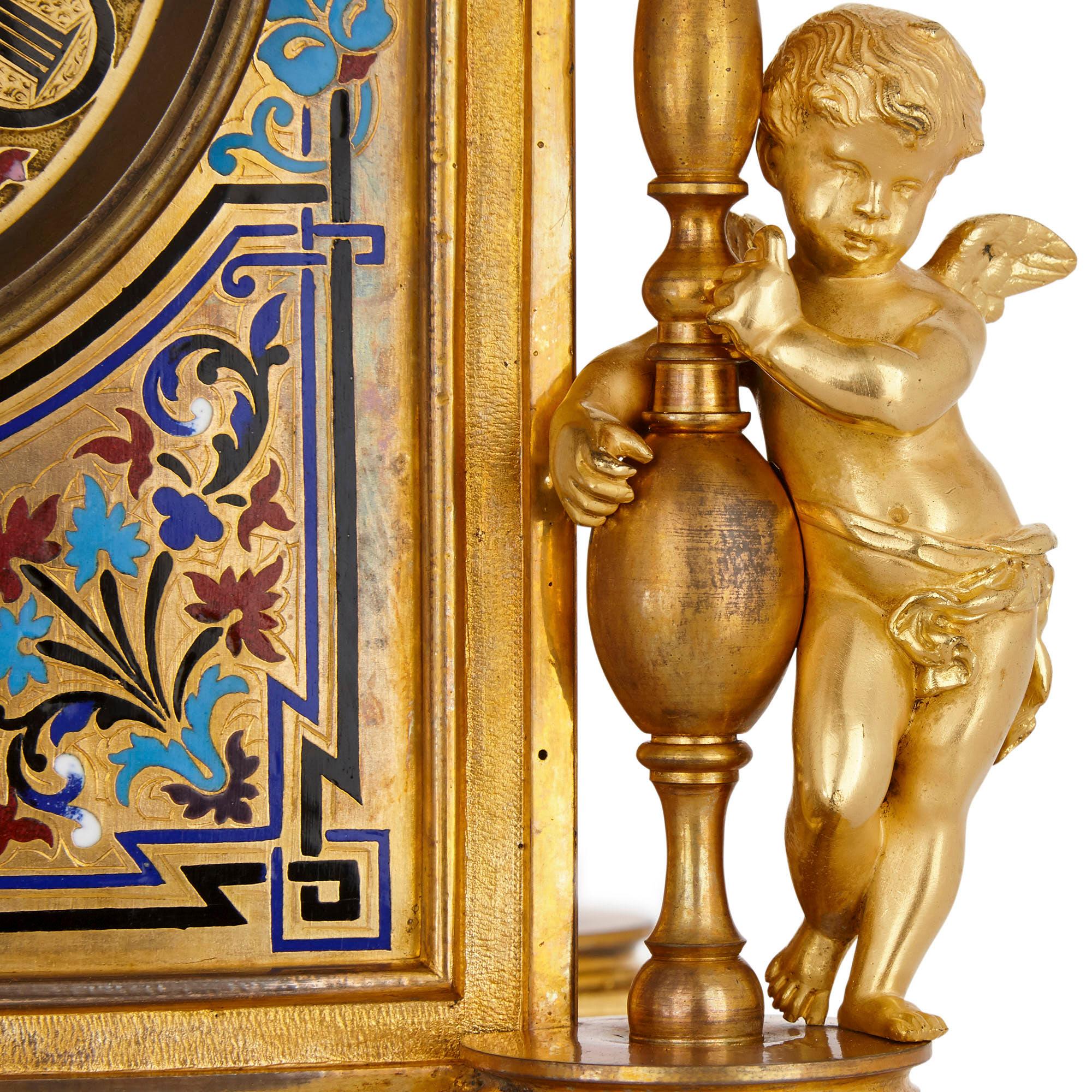 French Renaissance Revival Enamel and Gilt Bronze Mantel Clock For Sale