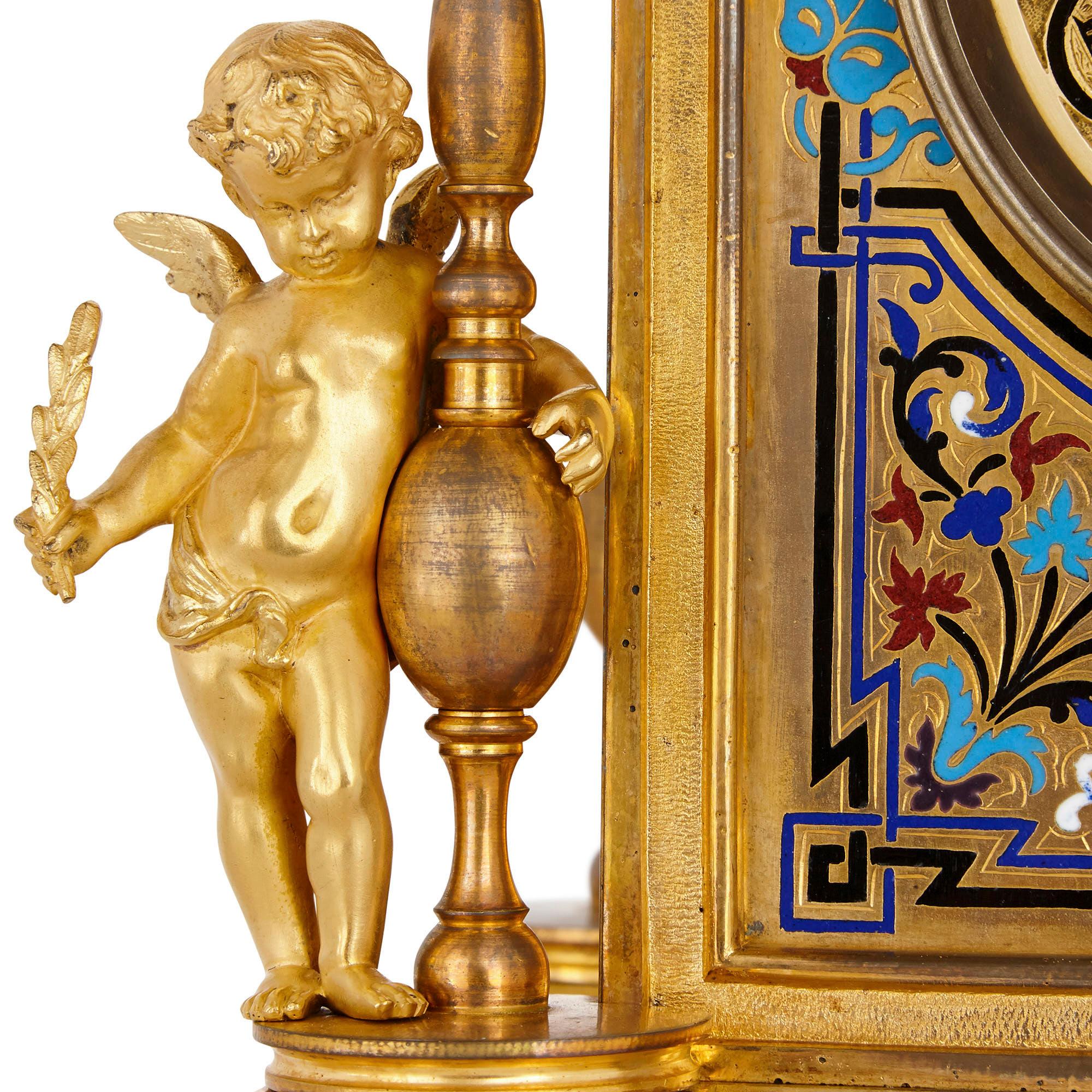 Champlevé Renaissance Revival Enamel and Gilt Bronze Mantel Clock For Sale