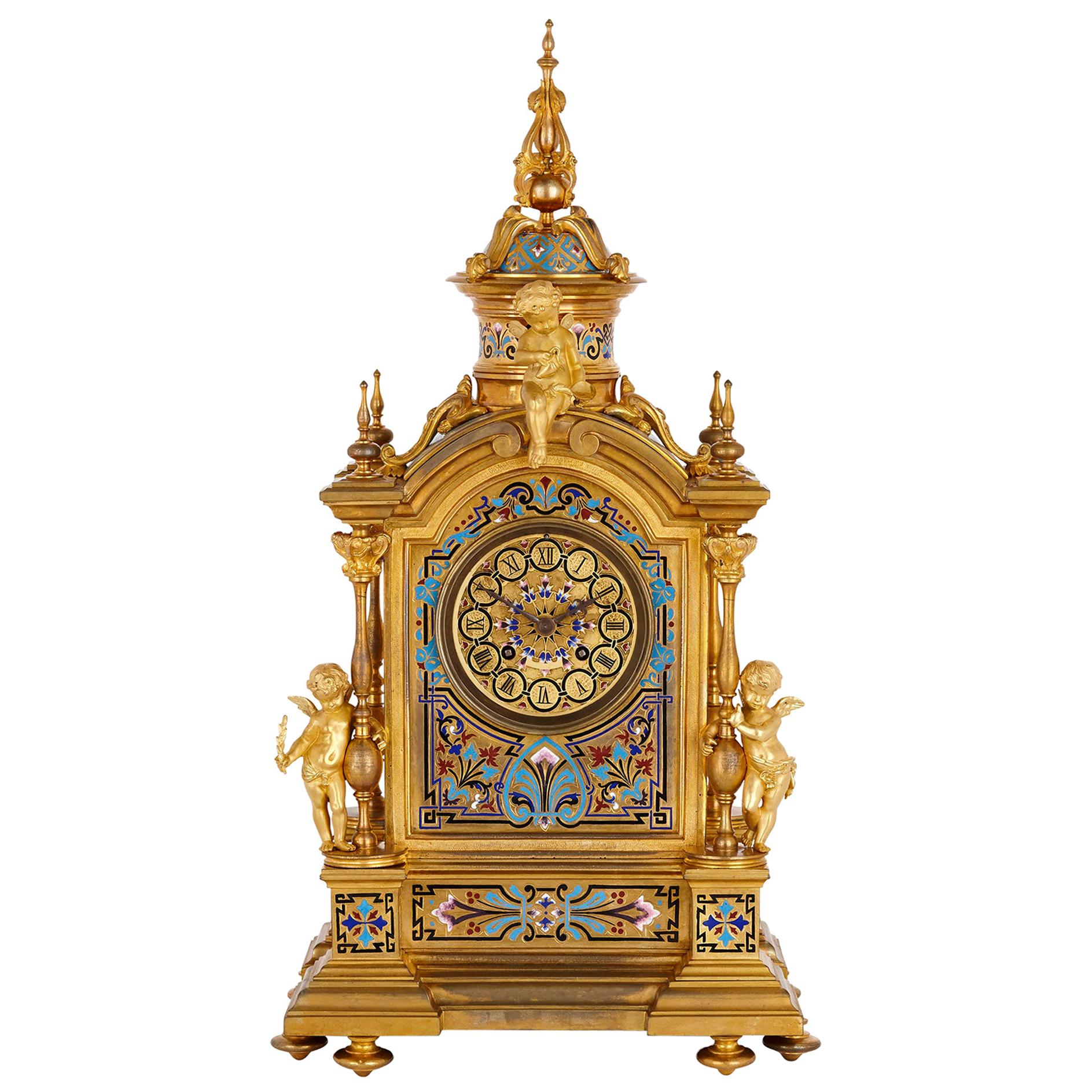 Reloj de chimenea renacentista de esmalte y bronce dorado
