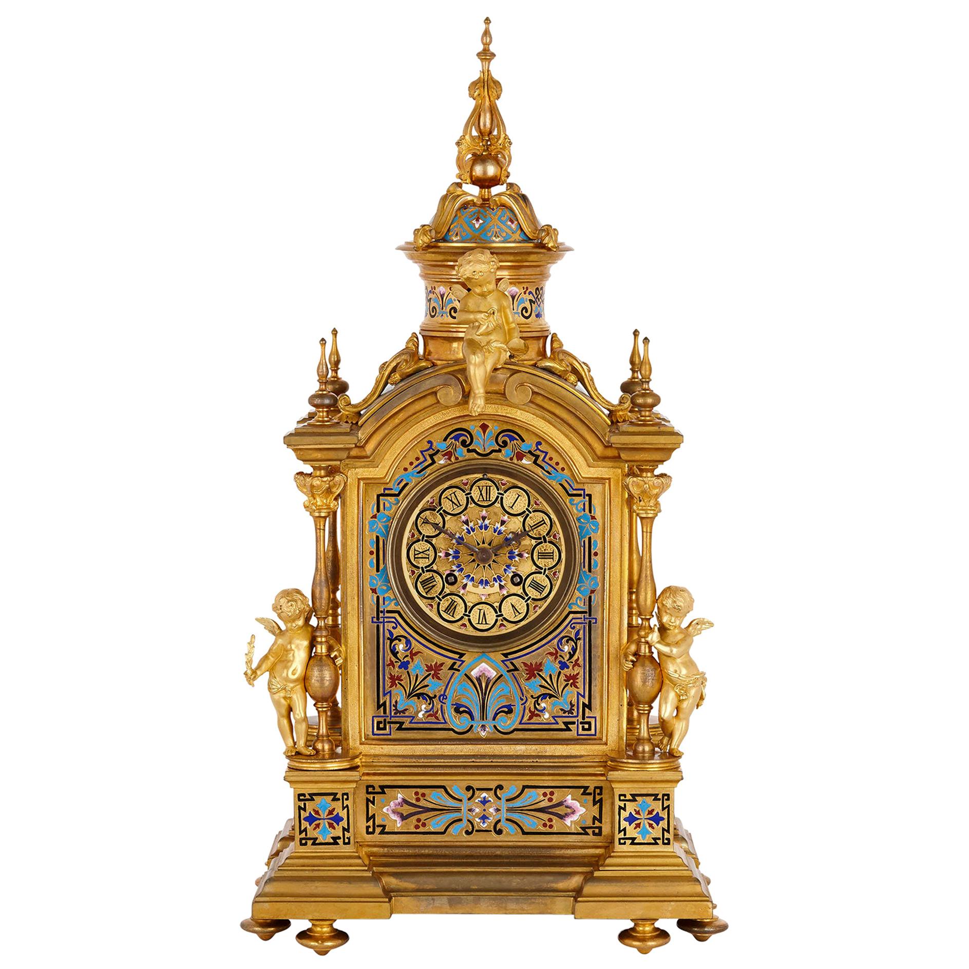 Pendule de cheminée Renaissance Revive en émail et bronze doré